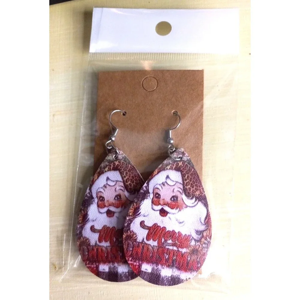 Santa Earrings Merry Christmas Muted Sunflower Leopard Greenery Patterns
